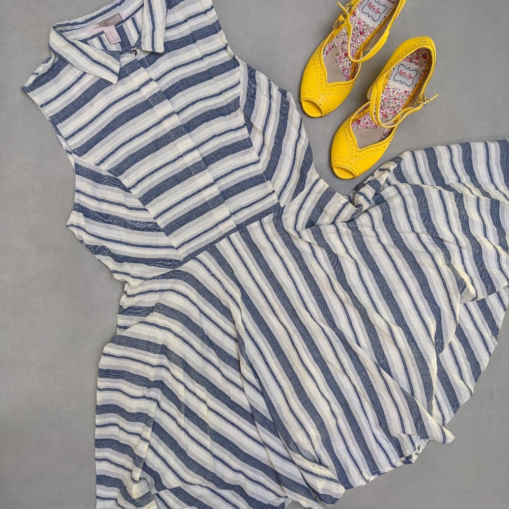 Retro Circle Skirt Blue & White Striped Dress NWOT